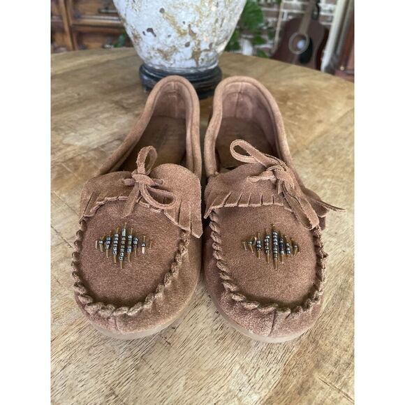 Mossimo Supply Co Beaded Moccasins Brown Suede Leather Flats Sz 10 - Picture 1 of 8